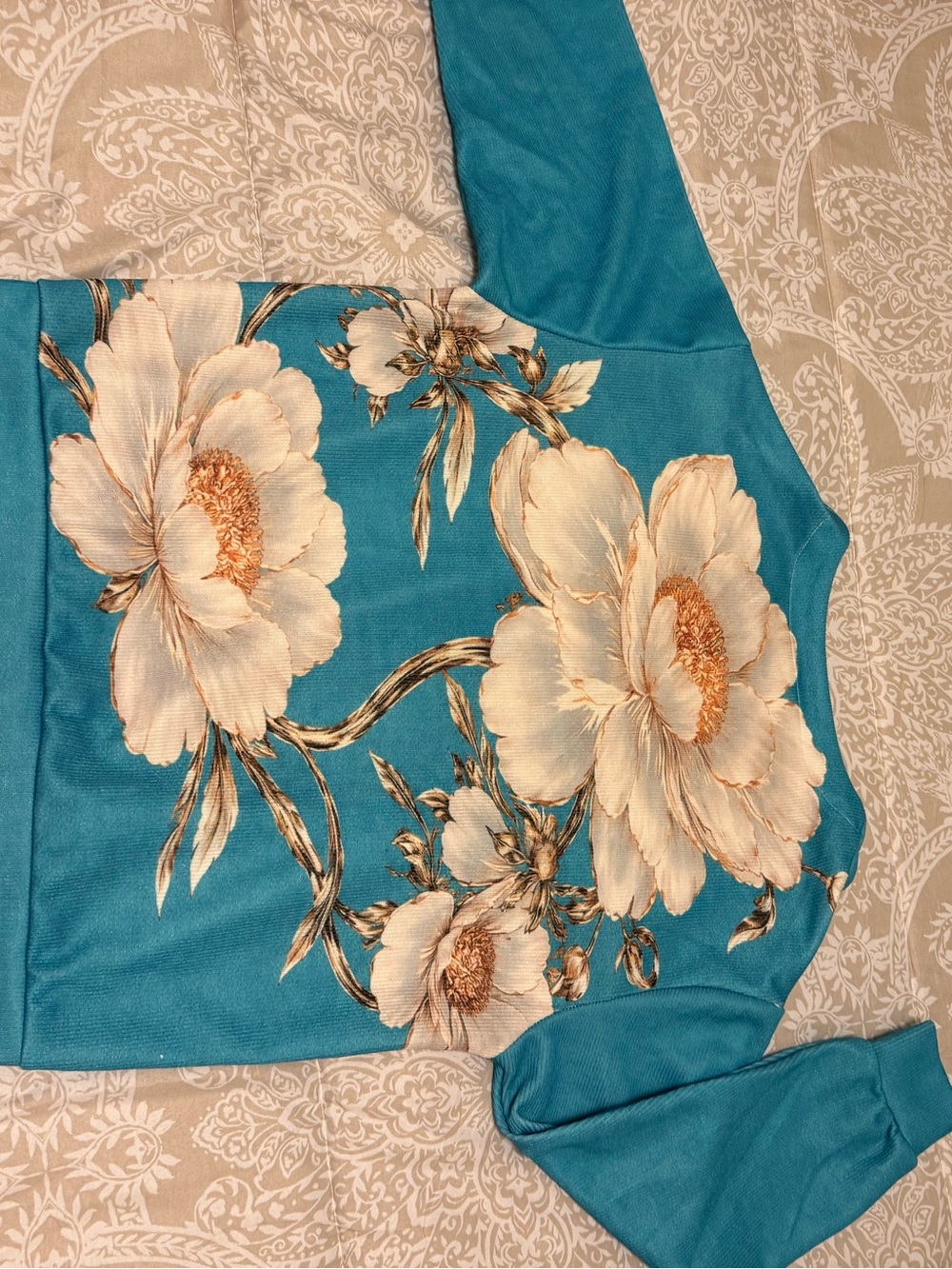Teal Floral Embroidered Sweater with White & Gold Accents - Picture 2 of 6